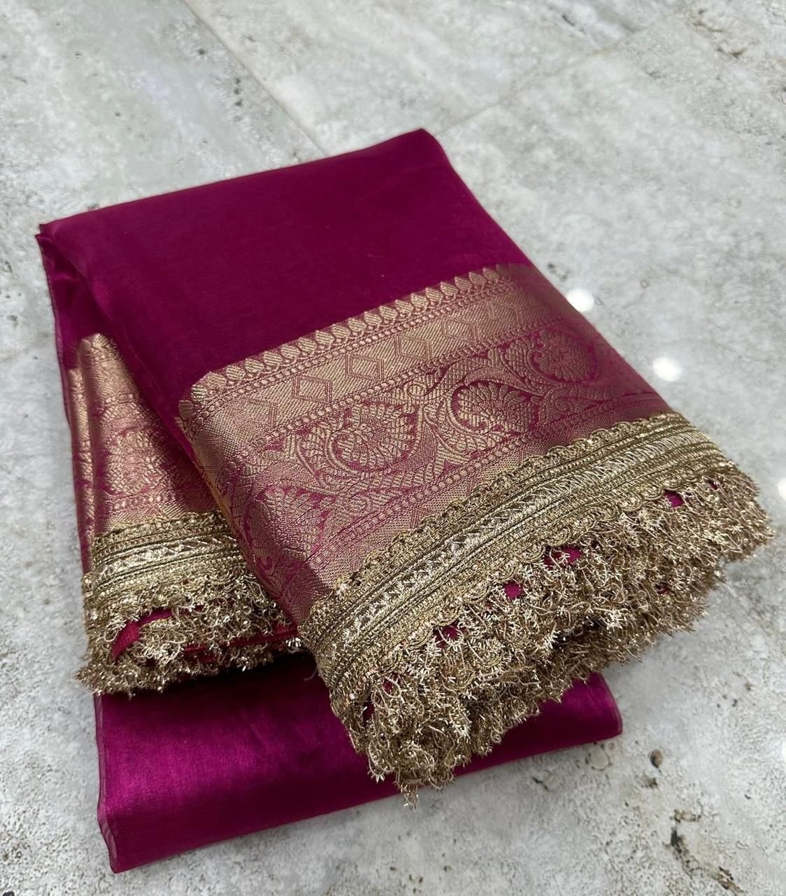Premium Banarasi tissue Silk Saree attached with maharaja lace